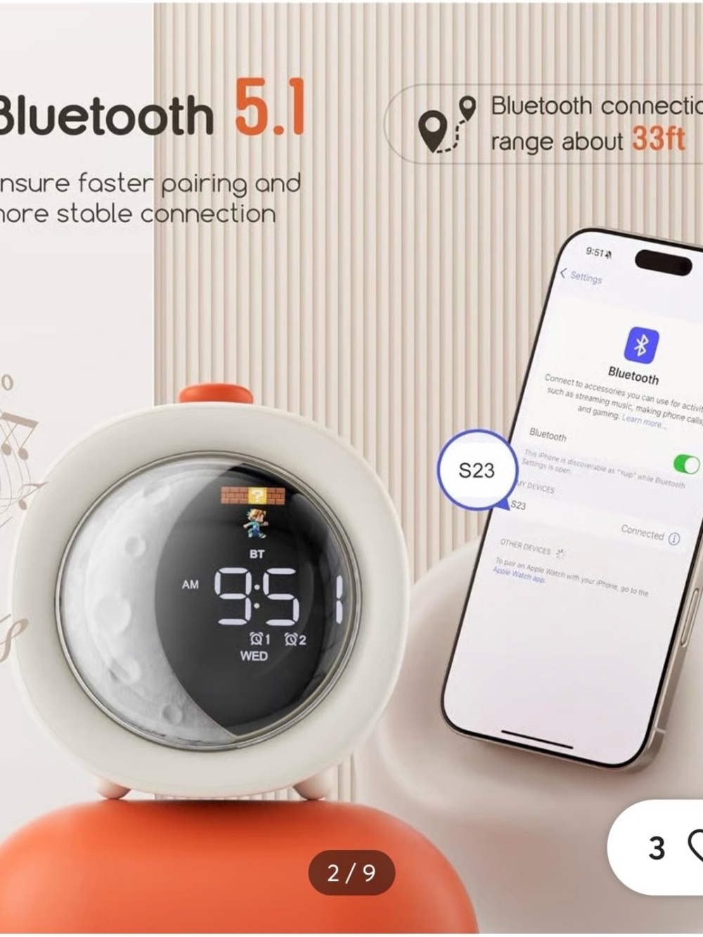 Bluetooth Smart Alarm Clock - White/Orange